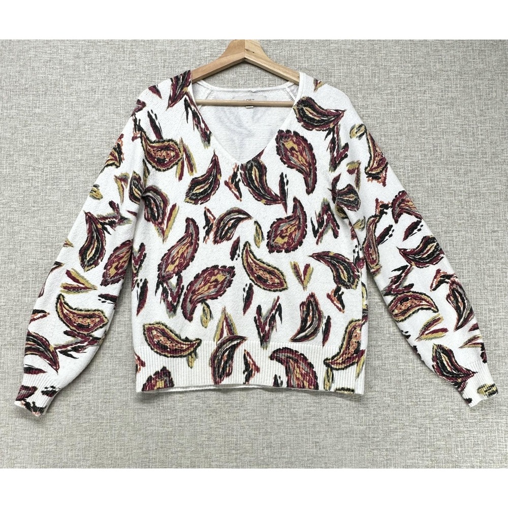 LOFT Sweater Womens Medium Multicolor Paisley V‎ Neck Long Sleeve Knit Pullover